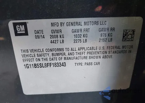 2015 Chevrolet Malibu Ls из США, поврежденный, VIN 1G11B5SL8FF183343